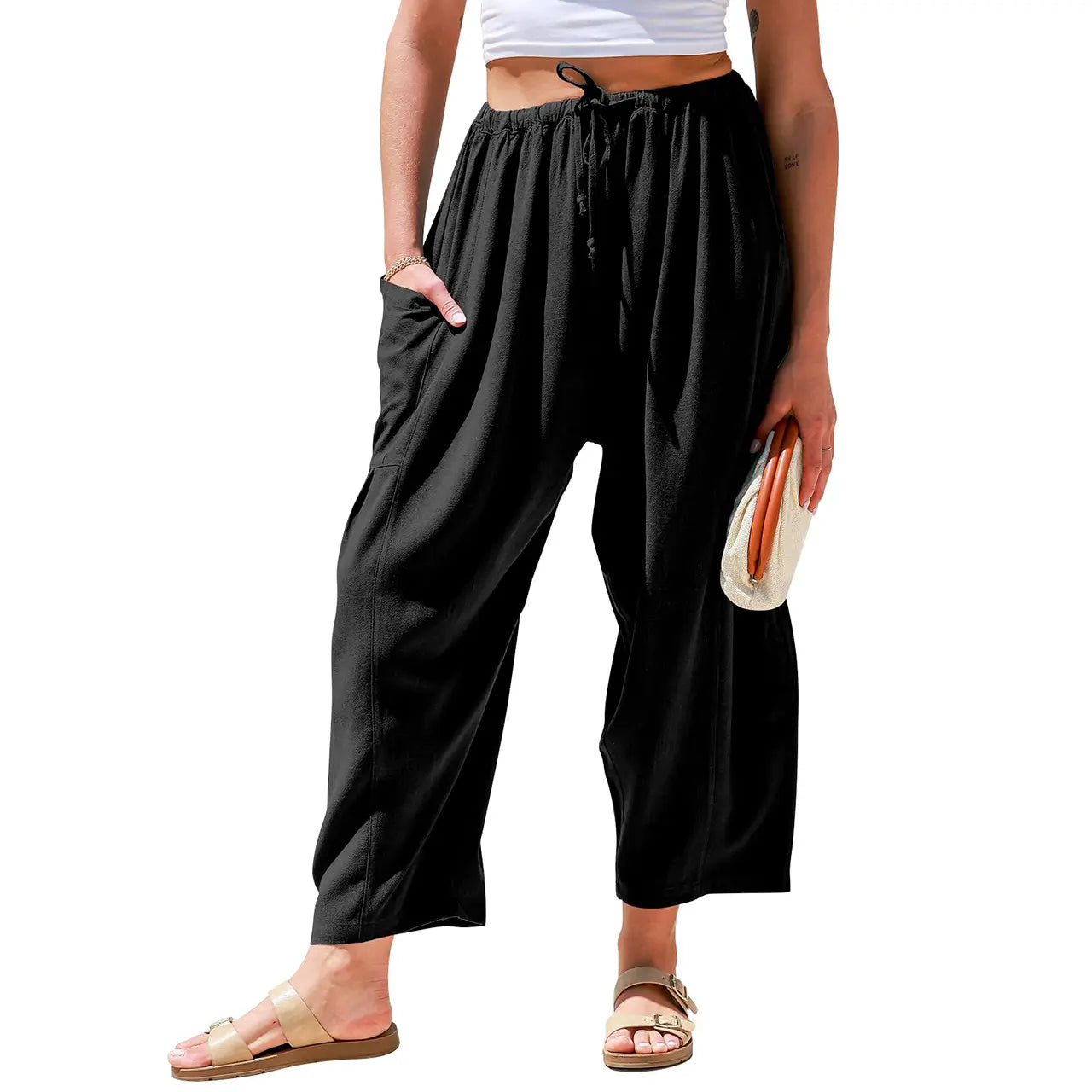 Womens Linen Blend Wide Leg Pants Oversize Casual Loose Fit Beach Palazzo Harem Pants with Pockets Vacation summer outfits  Womenswear