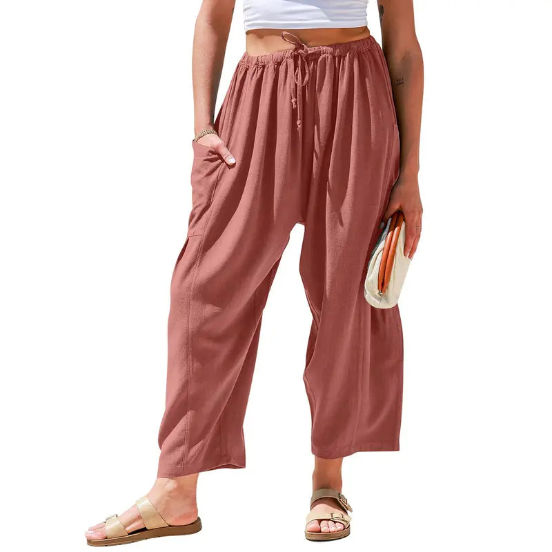Womens Linen Blend Wide Leg Pants Oversize Casual Loose Fit Beach Palazzo Harem Pants with Pockets Vacation summer outfits  Womenswear