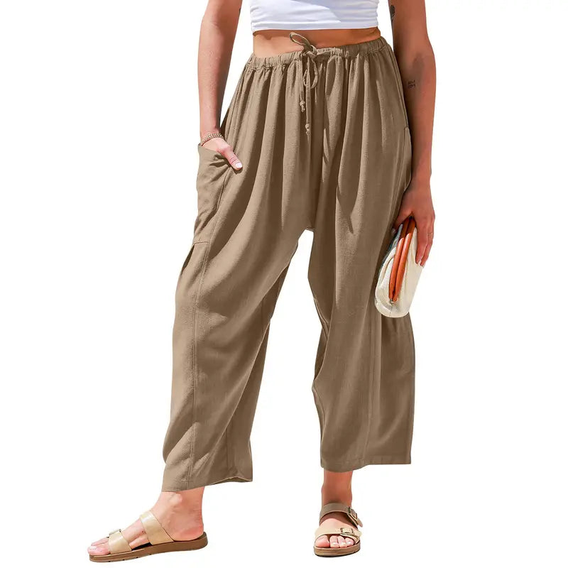 Womens Linen Blend Wide Leg Pants Oversize Casual Loose Fit Beach Palazzo Harem Pants with Pockets Vacation summer outfits  Womenswear