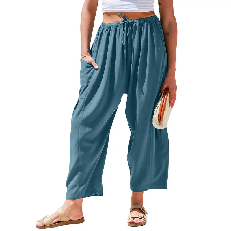 Womens Linen Blend Wide Leg Pants Oversize Casual Loose Fit Beach Palazzo Harem Pants with Pockets Vacation summer outfits  Womenswear
